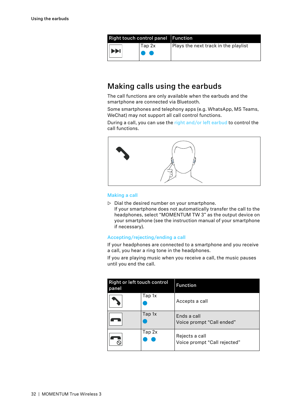 Making calls using the earbuds, Making a call, Accepting/rejecting/ending a call | Sennheiser MOMENTUM True Wireless 3 Noise-Canceling In-Ear Headphones (Graphite) User Manual | Page 32 / 46