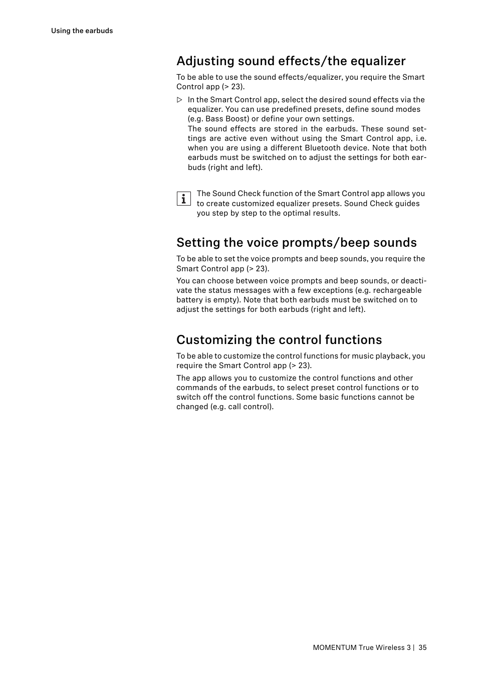 Adjusting sound effects/the equalizer, Setting the voice prompts/beep sounds, Customizing the control functions | Sennheiser MOMENTUM True Wireless 3 Noise-Canceling In-Ear Headphones (Graphite) User Manual | Page 35 / 46