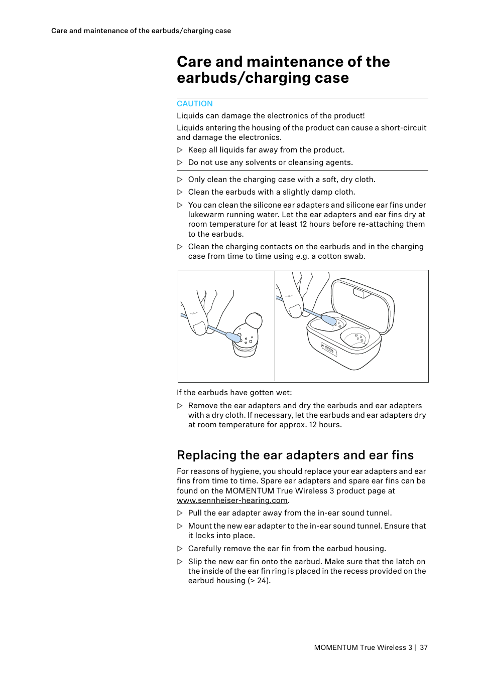 Care and maintenance of the earbuds/charging case, Replacing the ear adapters and ear fins | Sennheiser MOMENTUM True Wireless 3 Noise-Canceling In-Ear Headphones (Graphite) User Manual | Page 37 / 46