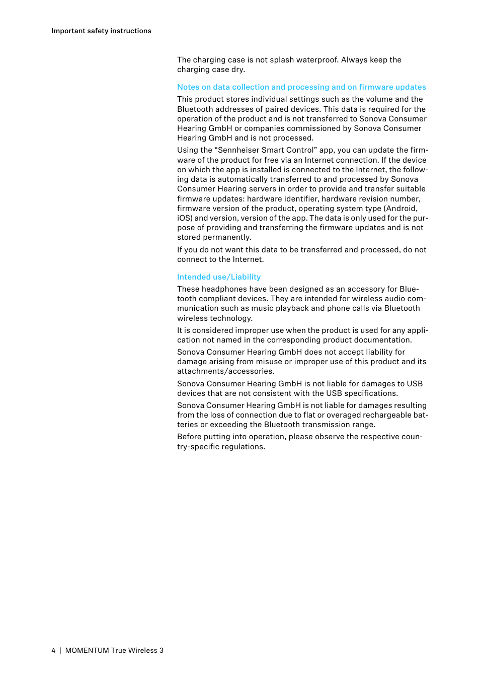 Intended use/liability | Sennheiser MOMENTUM True Wireless 3 Noise-Canceling In-Ear Headphones (Graphite) User Manual | Page 4 / 46