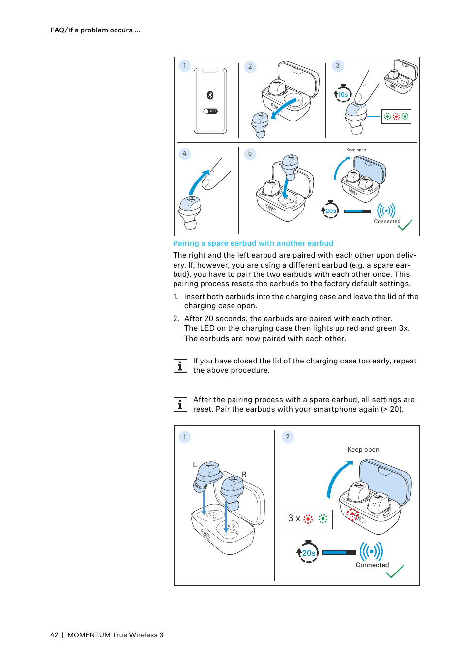 Pairing a spare earbud with another earbud | Sennheiser MOMENTUM True Wireless 3 Noise-Canceling In-Ear Headphones (Graphite) User Manual | Page 42 / 46