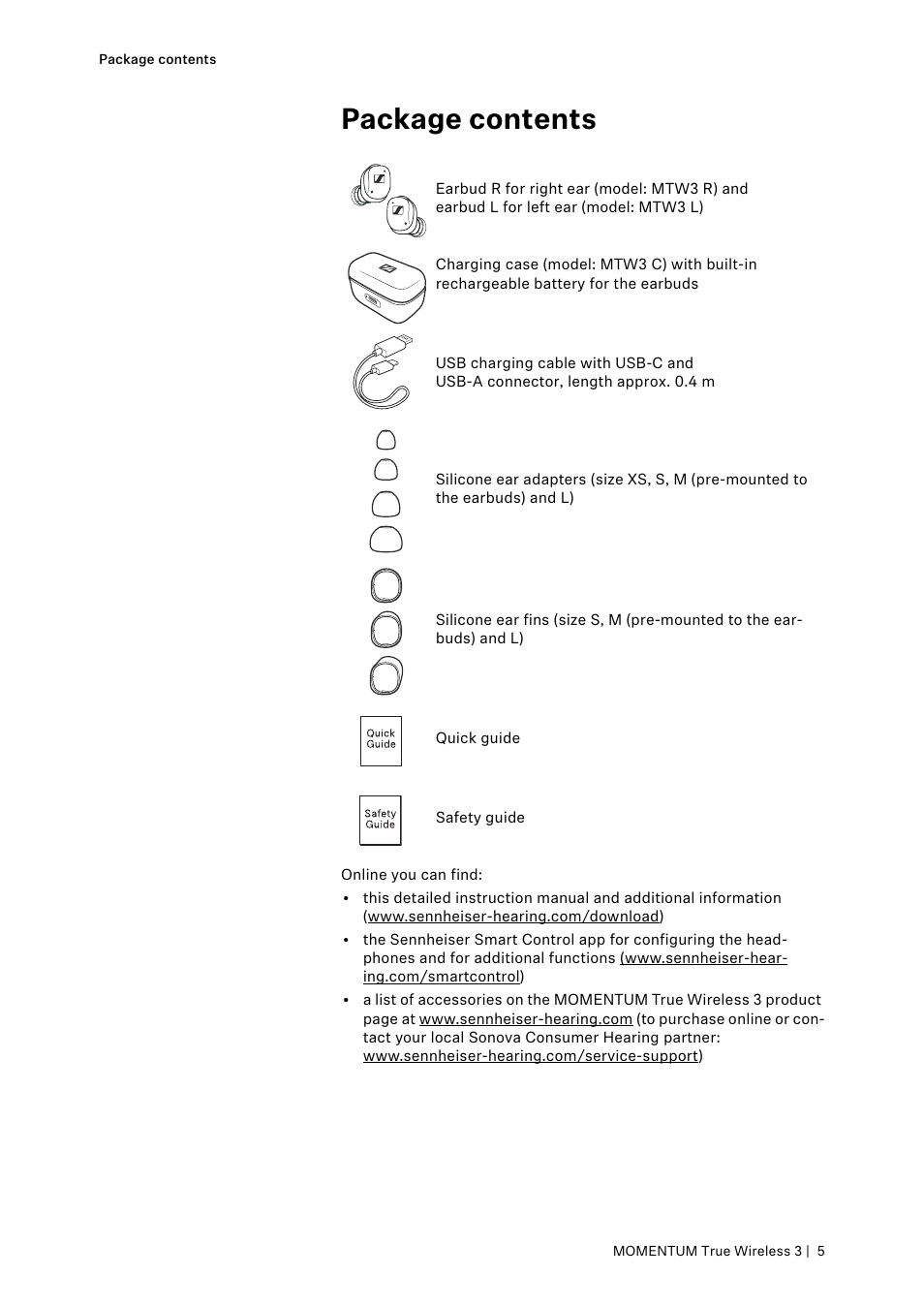 Package contents | Sennheiser MOMENTUM True Wireless 3 Noise-Canceling In-Ear Headphones (Graphite) User Manual | Page 5 / 46