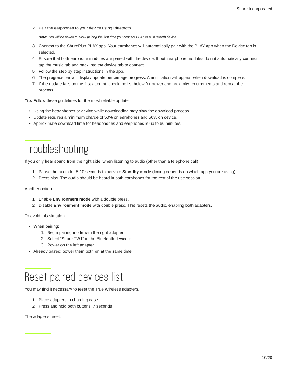 Troubleshooting, Reset paired devices list, Charging the adapters | Troubleshooting 10, Reset paired devices list 10, Charging the adapters 10 | Shure AONIC 215 Gen 2 Bluetooth True Wireless In-Ear Headphones (Blue) User Manual | Page 10 / 20