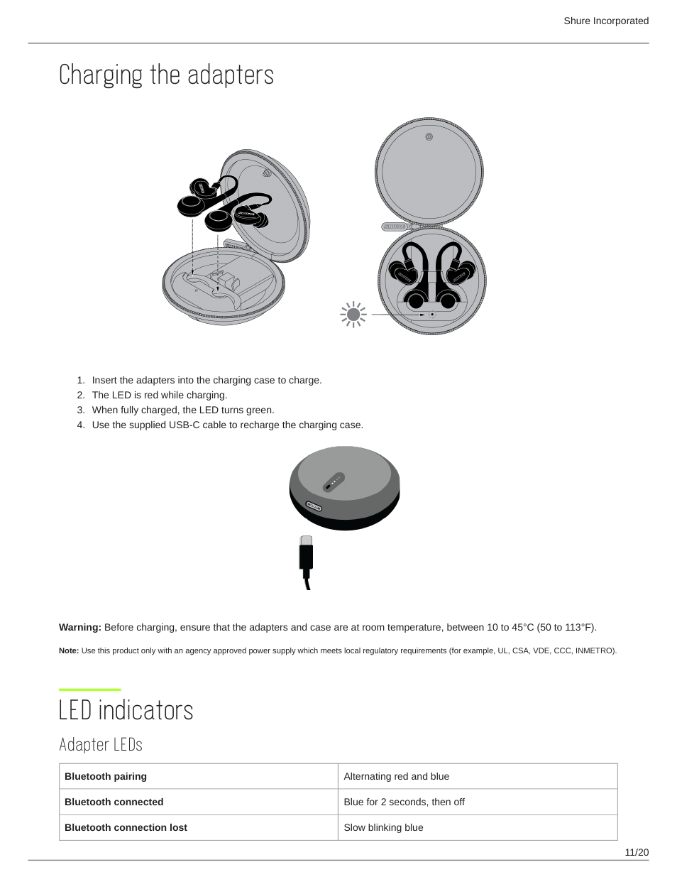 Charging the adapters, Led indicators, Adapter leds | Led indicators 11 | Shure AONIC 215 Gen 2 Bluetooth True Wireless In-Ear Headphones (Blue) User Manual | Page 11 / 20
