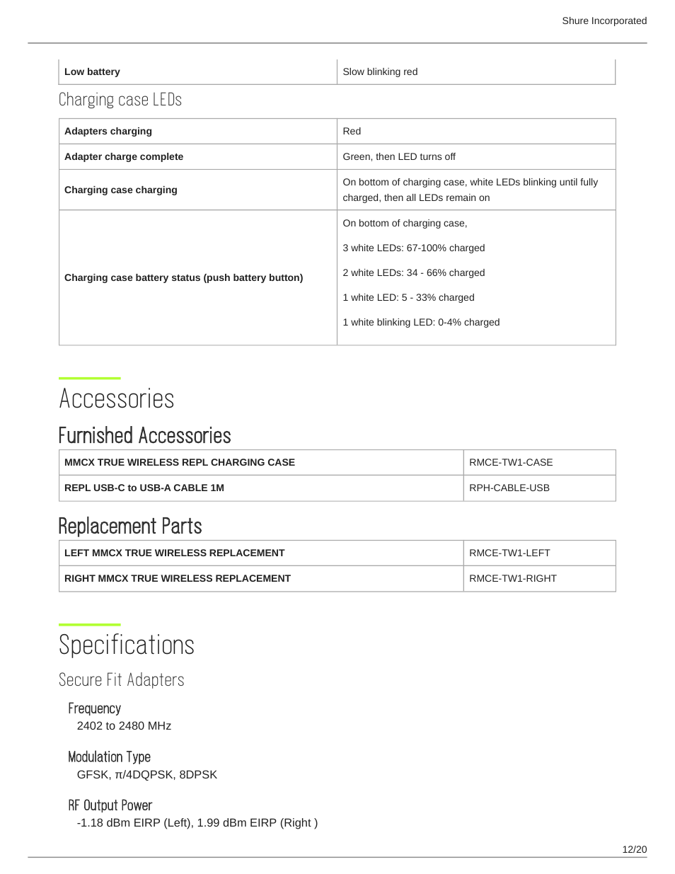 Charging case leds, Accessories, Furnished accessories | Replacement parts, Specifications, Secure fit adapters, Frequency, Modulation type, Rf output power, Accessories 12 | Shure AONIC 215 Gen 2 Bluetooth True Wireless In-Ear Headphones (Blue) User Manual | Page 12 / 20