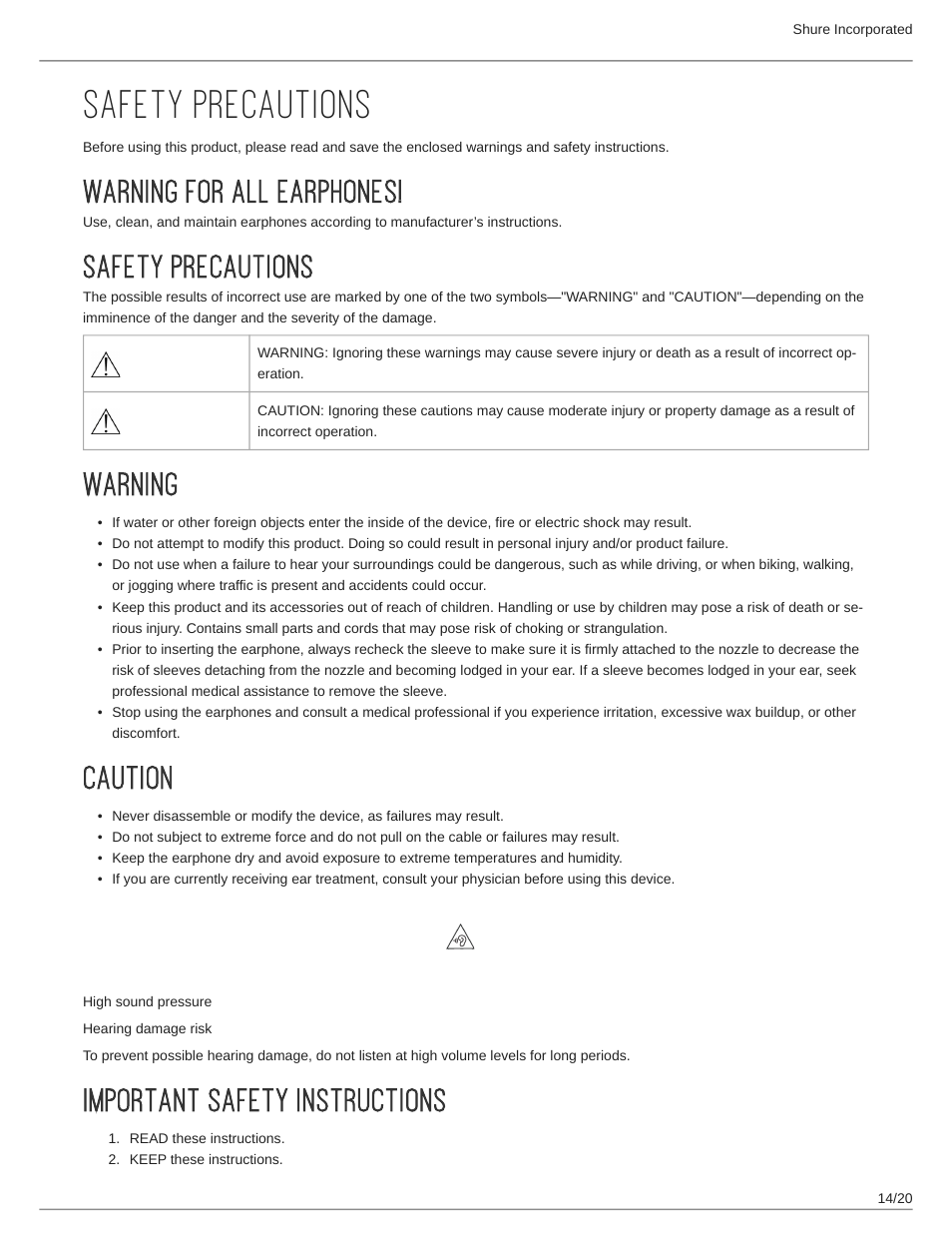 Safety precautions, Warning for all earphones, Warning | Caution, Important safety instructions, Warning for all earphones! 14, Safety precautions 14, Warning 14, Caution 14, Important safety instructions 14 | Shure AONIC 215 Gen 2 Bluetooth True Wireless In-Ear Headphones (Blue) User Manual | Page 14 / 20