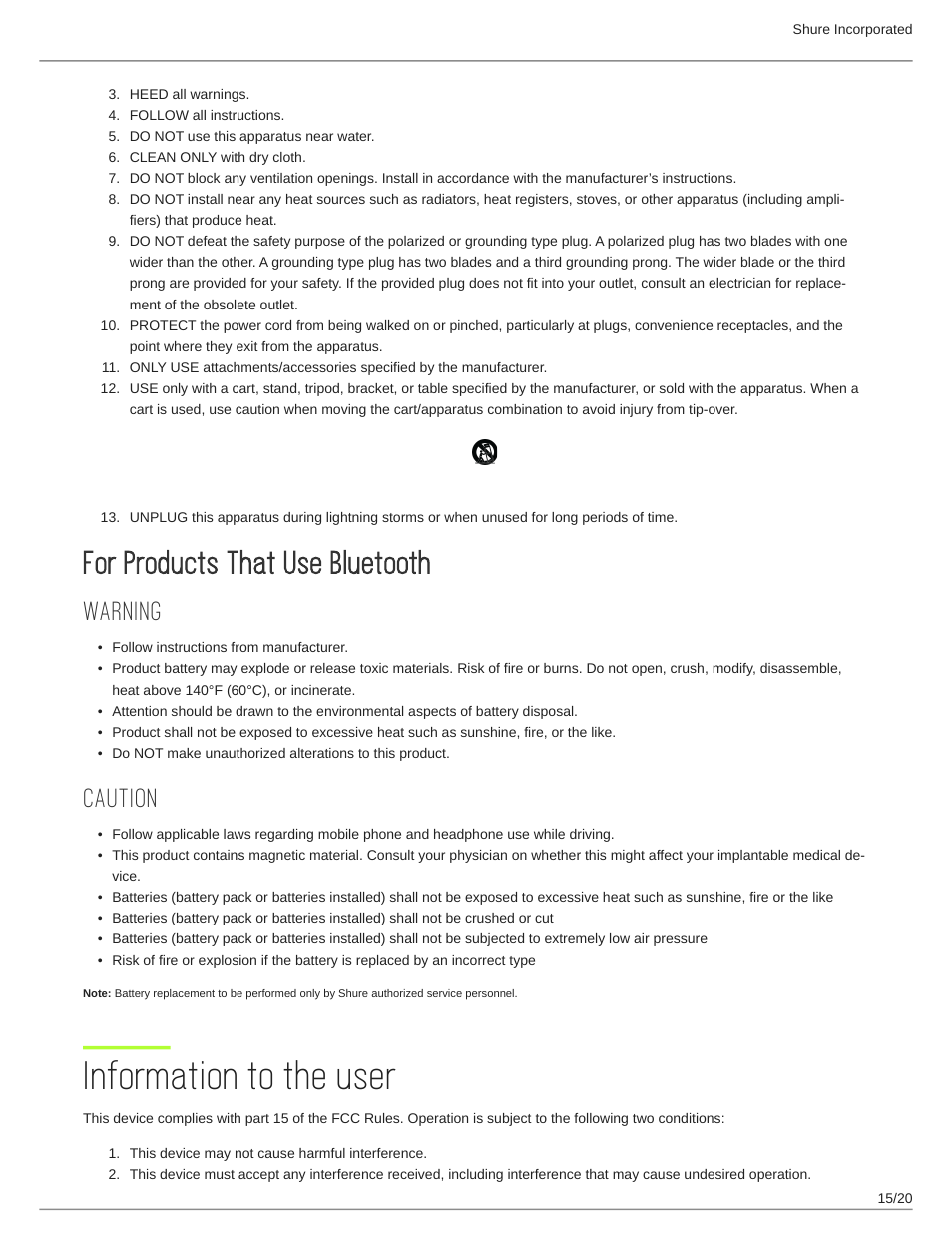 For products that use bluetooth, Warning, Caution | Information to the user, For products that use bluetooth 15, Information to the user 15 | Shure AONIC 215 Gen 2 Bluetooth True Wireless In-Ear Headphones (Blue) User Manual | Page 15 / 20