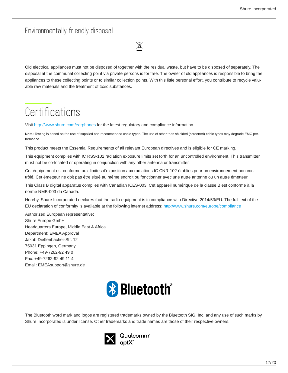 Environmentally friendly disposal, Certifications, Certifications 17 | Shure AONIC 215 Gen 2 Bluetooth True Wireless In-Ear Headphones (Blue) User Manual | Page 17 / 20