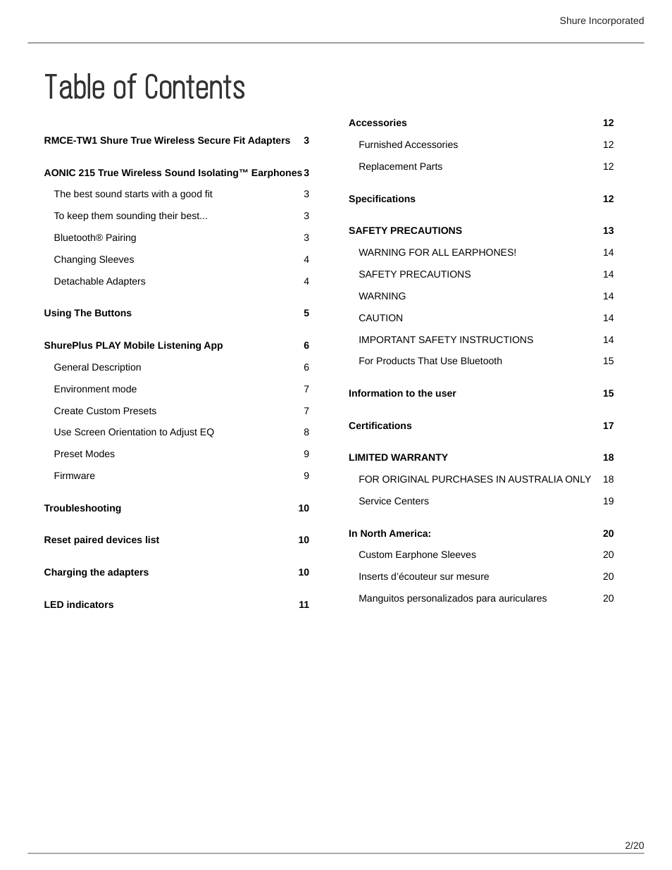 Shure AONIC 215 Gen 2 Bluetooth True Wireless In-Ear Headphones (Blue) User Manual | Page 2 / 20