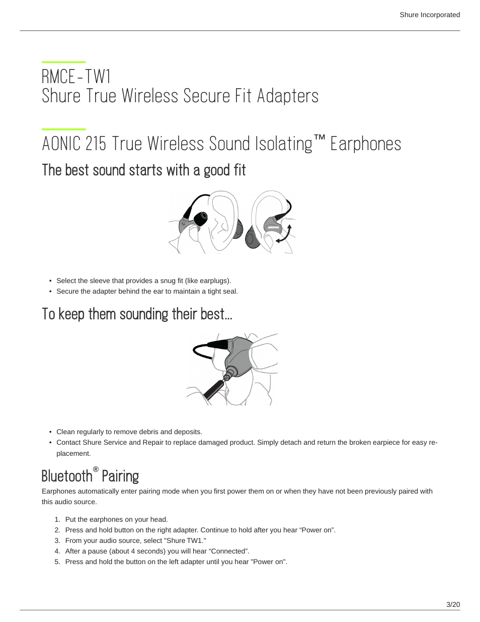 Rmce-tw1 shure true wireless secure fit adapters, Aonic 215 true wireless sound isolating™ earphones, The best sound starts with a good fit | To keep them sounding their best, Bluetooth® pairing, Rmce-tw1 shure true wireless secure fit adapters 3, The best sound starts with a good fit 3, Bluetooth® pairing 3, Bluetooth pairing | Shure AONIC 215 Gen 2 Bluetooth True Wireless In-Ear Headphones (Blue) User Manual | Page 3 / 20