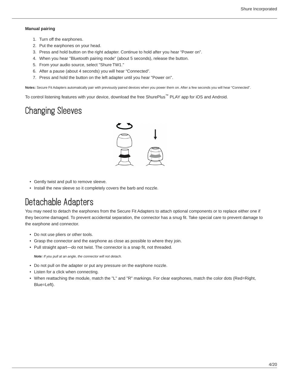 Changing sleeves, Detachable adapters, Changing sleeves 4 | Detachable adapters 4 | Shure AONIC 215 Gen 2 Bluetooth True Wireless In-Ear Headphones (Blue) User Manual | Page 4 / 20