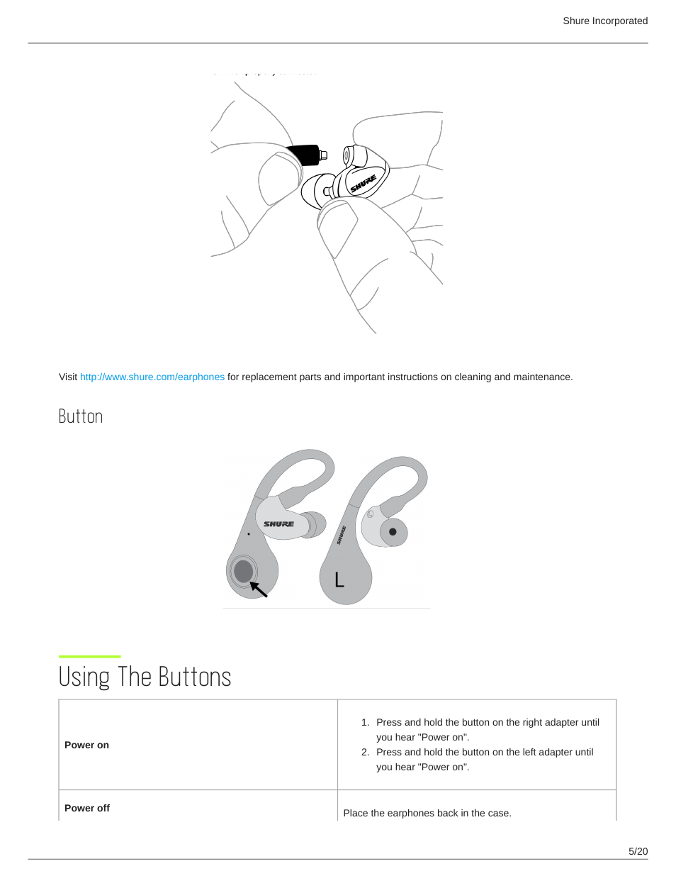 Button, Using the buttons, Using the buttons 5 | Shure AONIC 215 Gen 2 Bluetooth True Wireless In-Ear Headphones (Blue) User Manual | Page 5 / 20