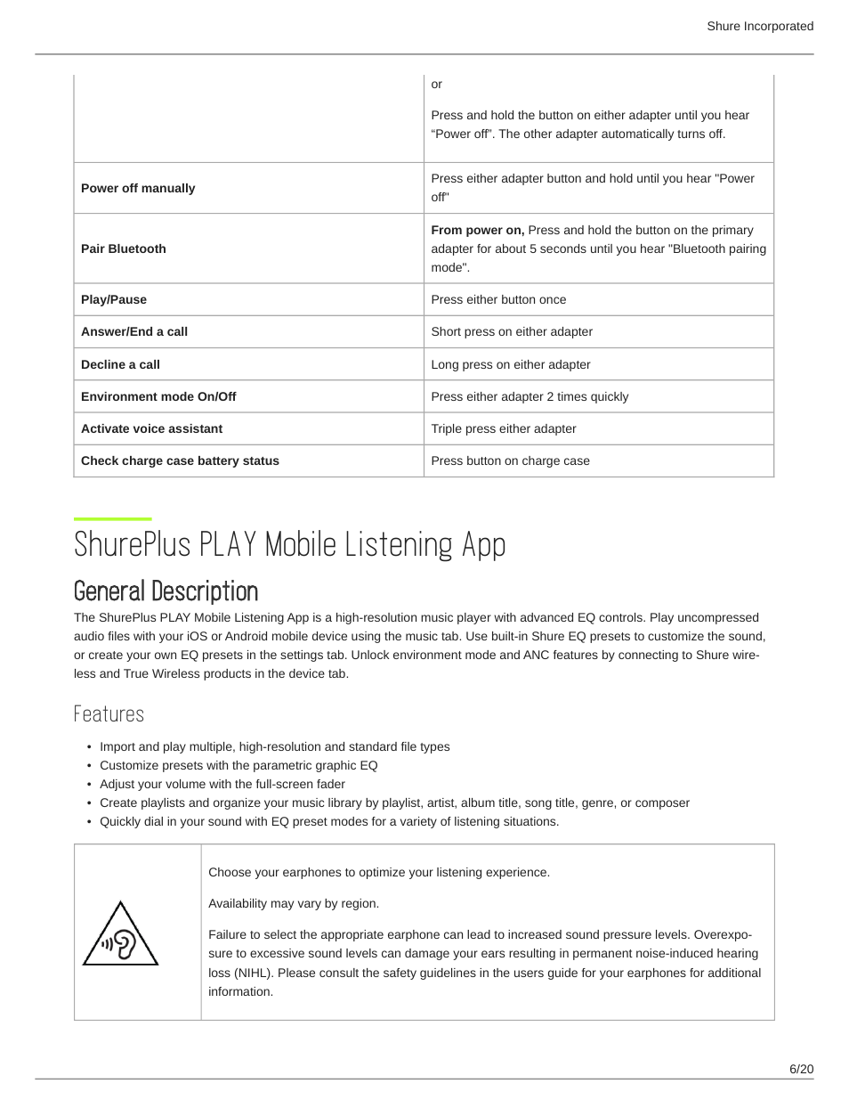 Shureplus play mobile listening app, General description, Features | Shureplus play mobile listening app 6, General description 6 | Shure AONIC 215 Gen 2 Bluetooth True Wireless In-Ear Headphones (Blue) User Manual | Page 6 / 20