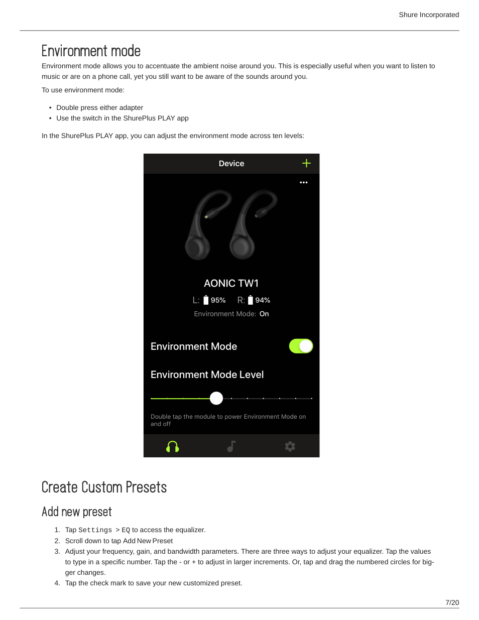 Environment mode, Create custom presets, Add new preset | Environment mode 7, Create custom presets 7 | Shure AONIC 215 Gen 2 Bluetooth True Wireless In-Ear Headphones (Blue) User Manual | Page 7 / 20