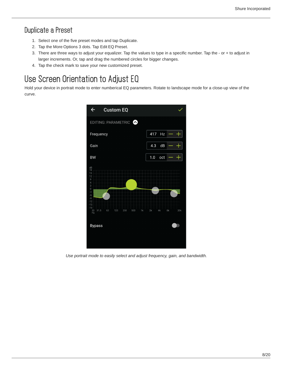 Duplicate a preset, Use screen orientation to adjust eq, Use screen orientation to adjust eq 8 | Shure AONIC 215 Gen 2 Bluetooth True Wireless In-Ear Headphones (Blue) User Manual | Page 8 / 20