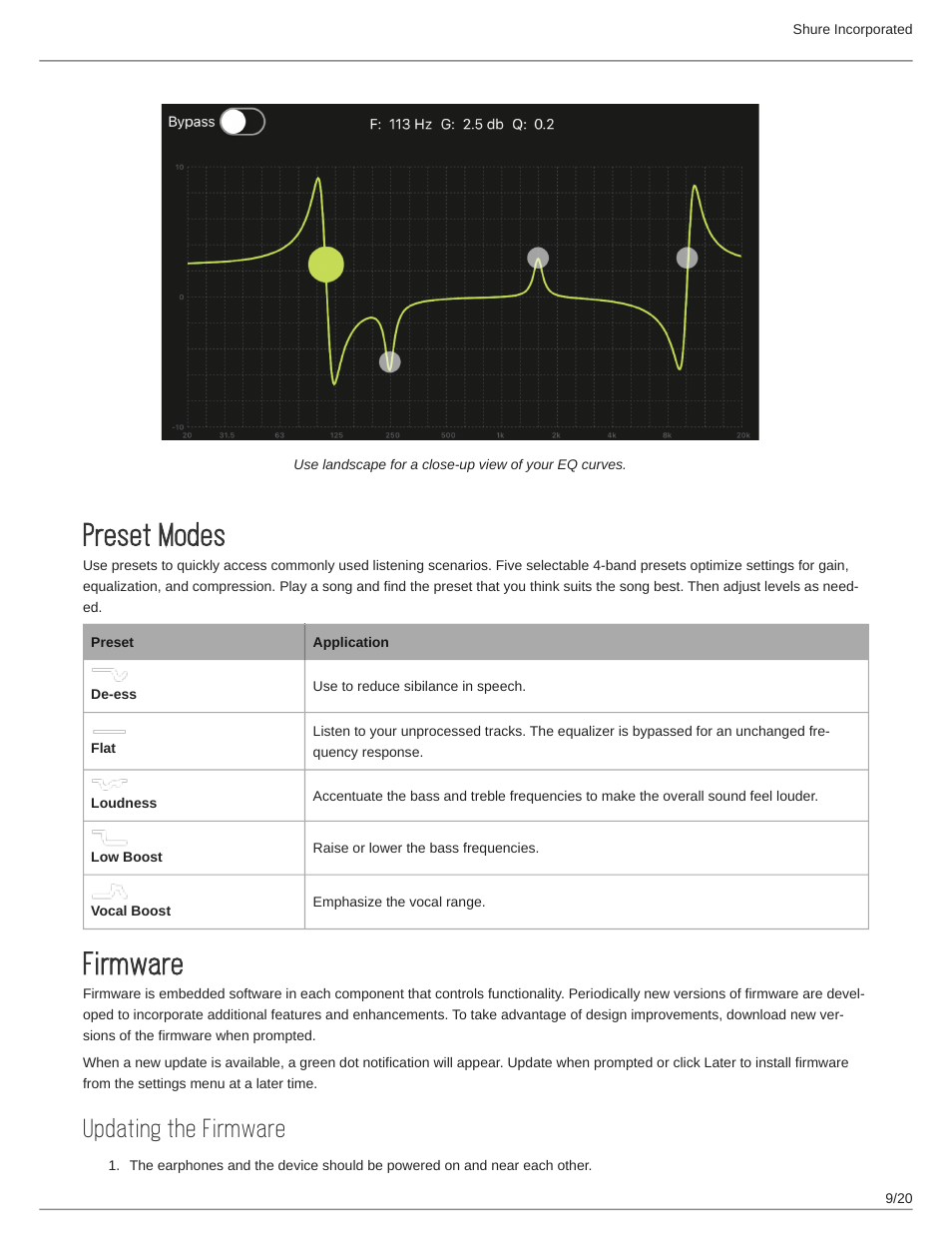 Preset modes, Firmware, Updating the firmware | Preset modes 9, Firmware 9 | Shure AONIC 215 Gen 2 Bluetooth True Wireless In-Ear Headphones (Blue) User Manual | Page 9 / 20