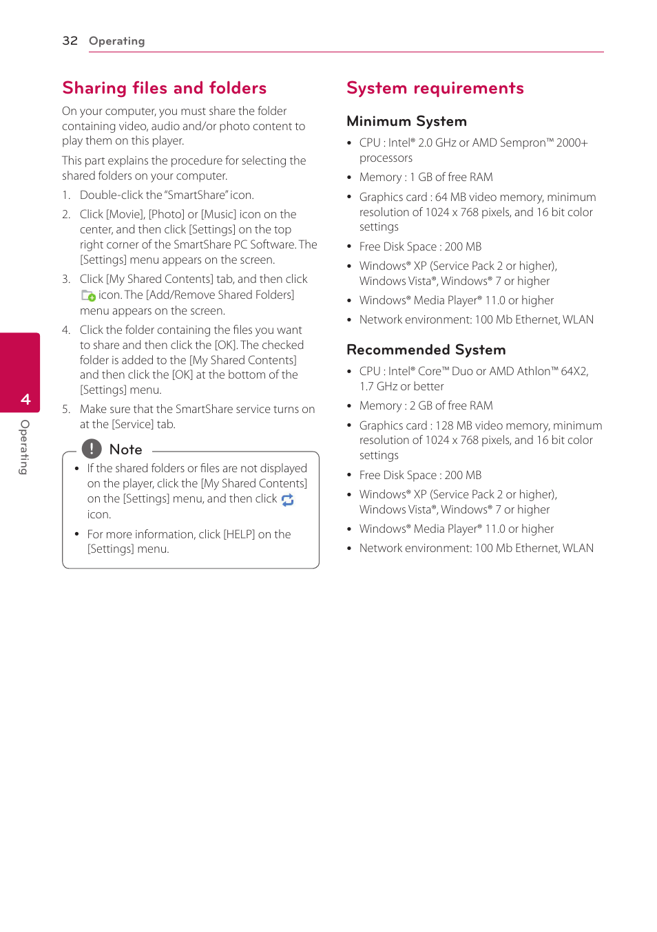 Sharing files and folders, System requirements | LG BP350 Blu-ray Disc Player with Wi-Fi User Manual | Page 32 / 62