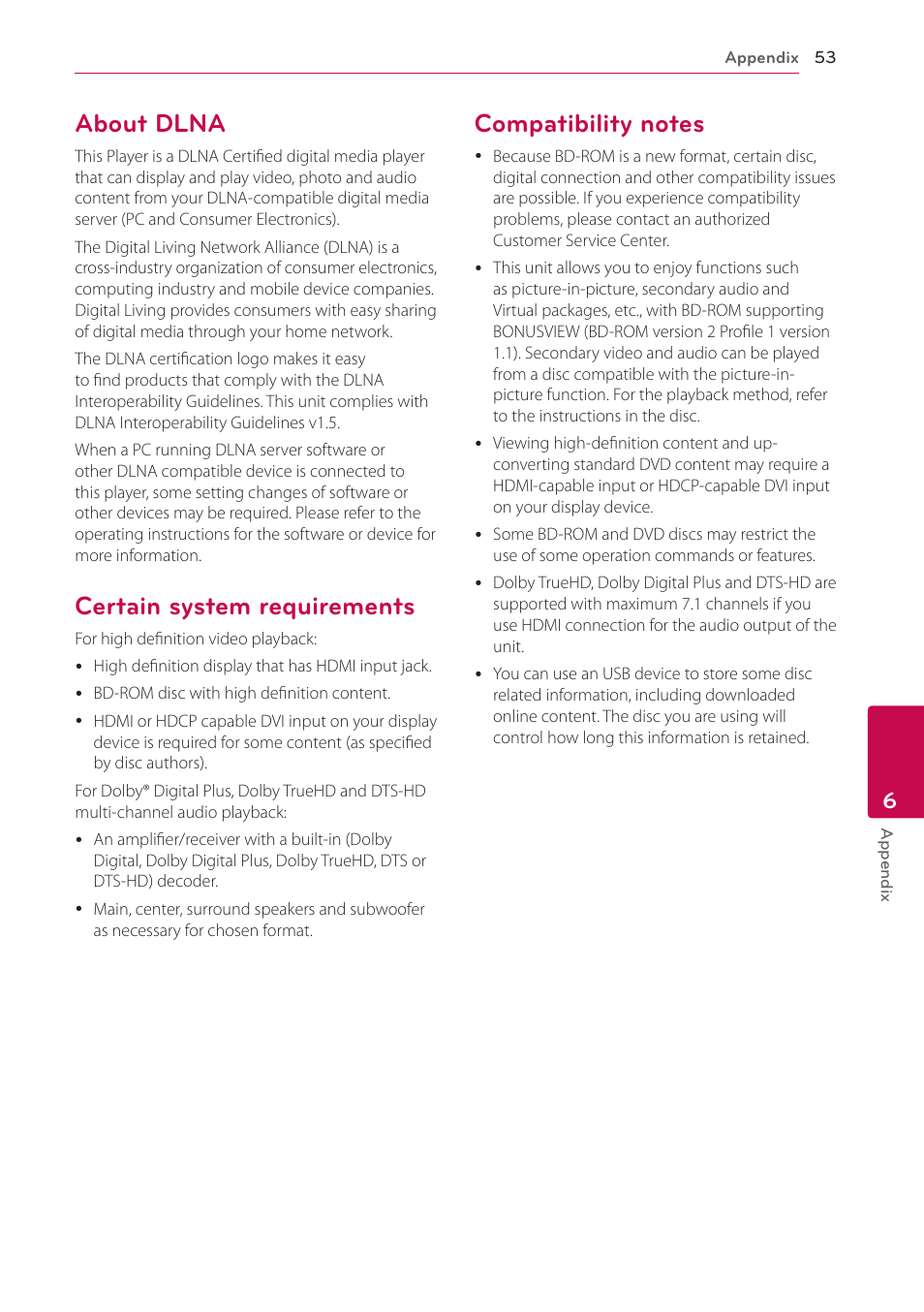 About dlna, Certain system requirements, Compatibility notes | LG BP350 Blu-ray Disc Player with Wi-Fi User Manual | Page 53 / 62