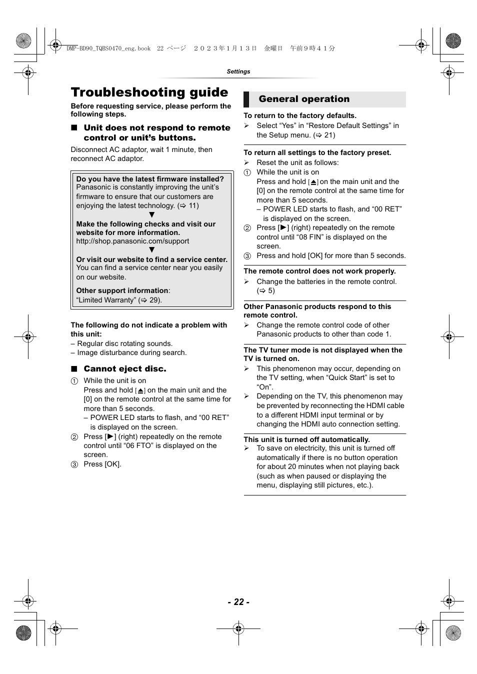 Reference, Troubleshooting guide, General operation | Panasonic DMP-BD84P-K Full HD Blu-ray Disc Player User Manual | Page 22 / 31