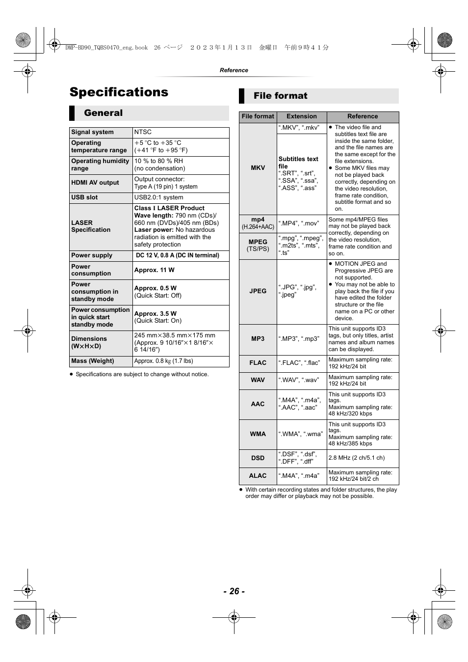 Specifications, General, File format | Panasonic DMP-BD84P-K Full HD Blu-ray Disc Player User Manual | Page 26 / 31