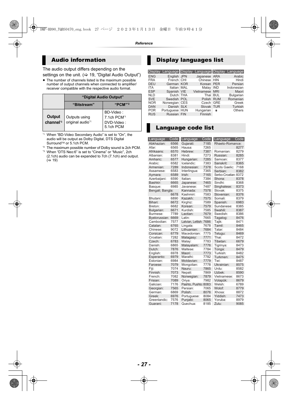 Audio information, Display languages list language code list | Panasonic DMP-BD84P-K Full HD Blu-ray Disc Player User Manual | Page 27 / 31