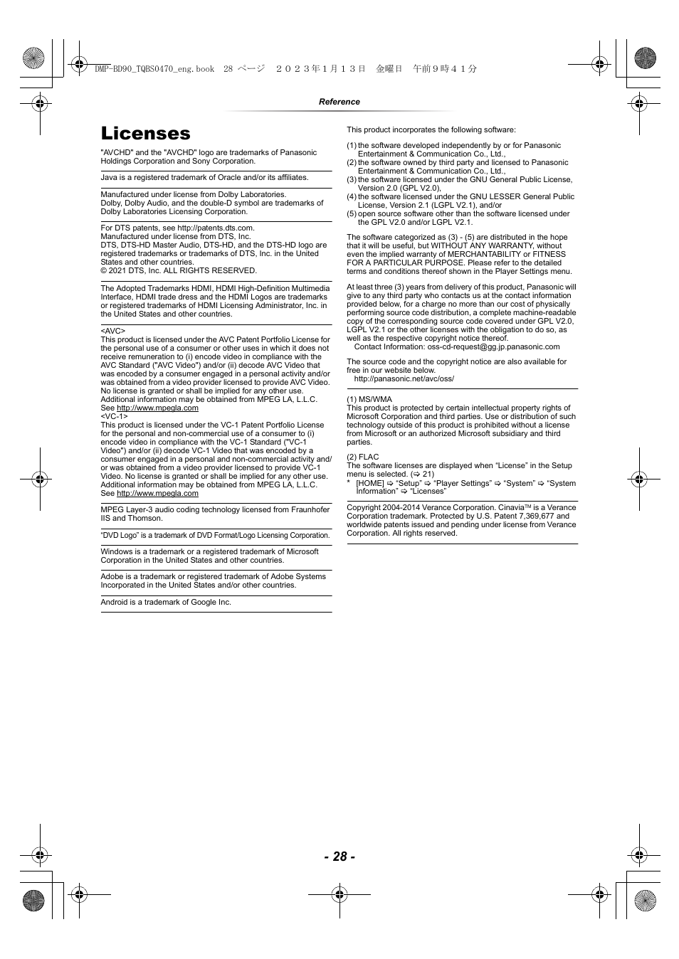 Licenses | Panasonic DMP-BD84P-K Full HD Blu-ray Disc Player User Manual | Page 28 / 31