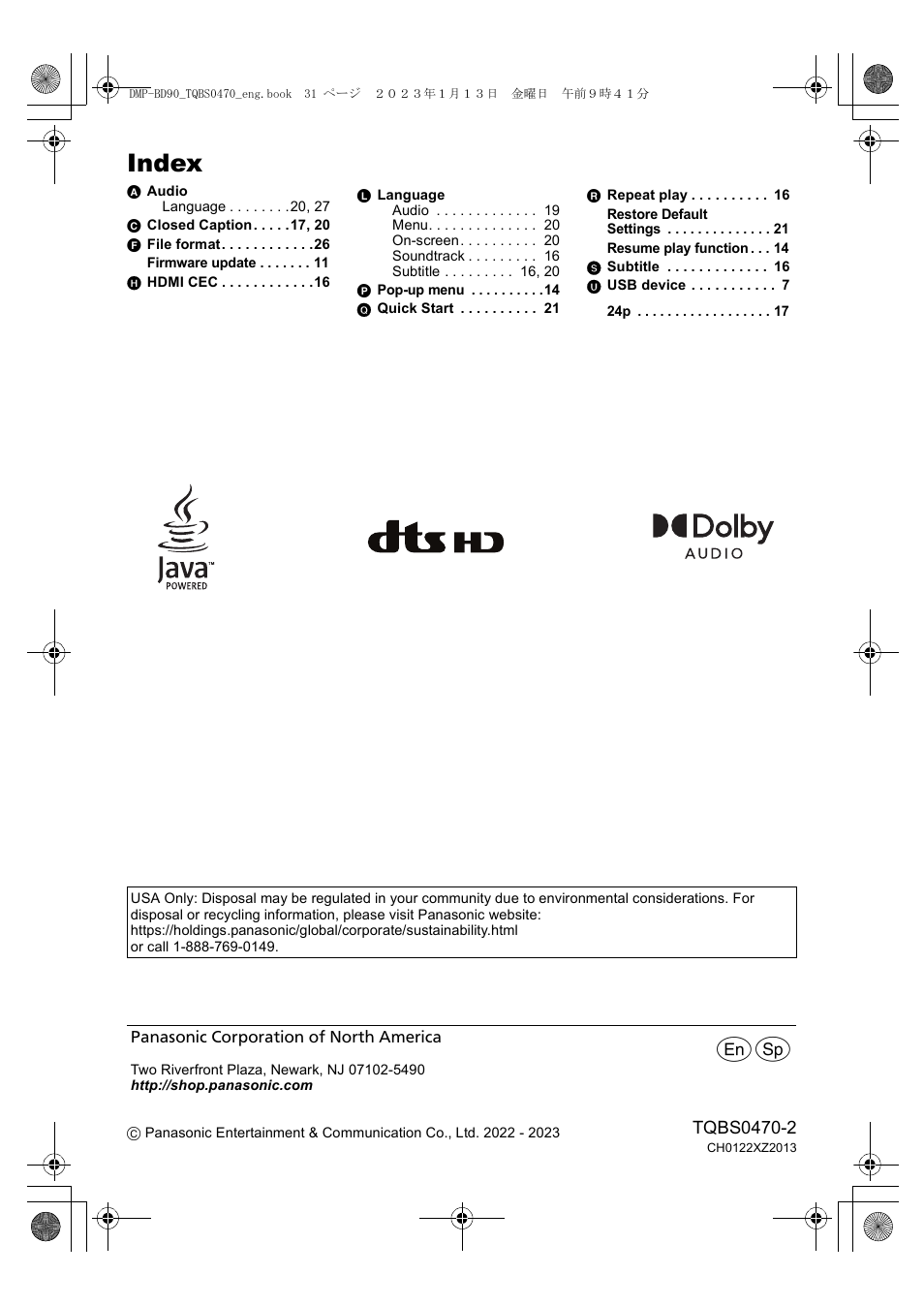 Index, Index . . . . . . . . . . . . . back cover | Panasonic DMP-BD84P-K Full HD Blu-ray Disc Player User Manual | Page 31 / 31