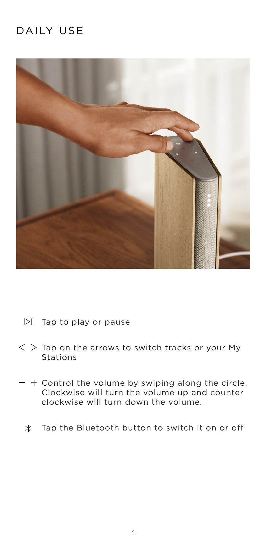 Da i ly u s e | Bang & Olufsen Beosound Emerge Compact Wi-Fi Home Speaker (Gold Tone Light Oak) User Manual | Page 4 / 122