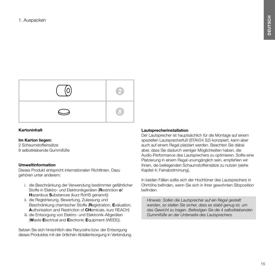 Auspacken, Deutsch contents deutsch 4 | Bowers & Wilkins 607 Anniversary Edition 2-Way Bookshelf Speakers (Matte White, Pair) User Manual | Page 15 / 90