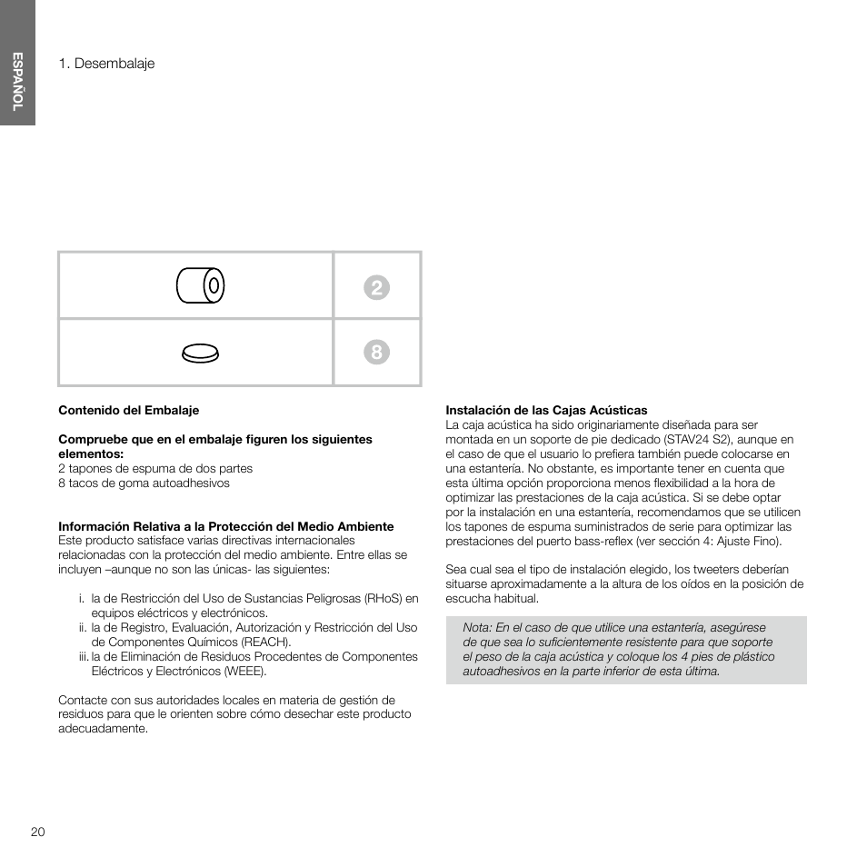 Desembalaje, Español | Bowers & Wilkins 607 Anniversary Edition 2-Way Bookshelf Speakers (Matte White, Pair) User Manual | Page 20 / 90