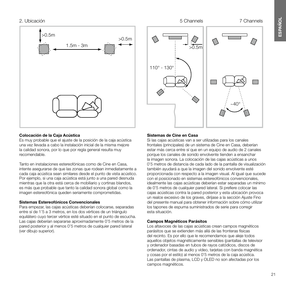 Ubicación, Contents español 4 | Bowers & Wilkins 607 Anniversary Edition 2-Way Bookshelf Speakers (Matte White, Pair) User Manual | Page 21 / 90