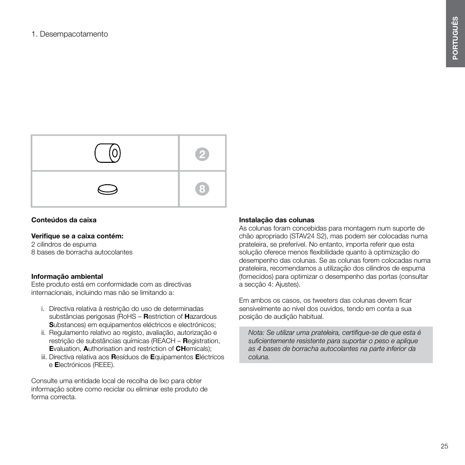 Desempacotamento, Português conteúdos português 3 | Bowers & Wilkins 607 Anniversary Edition 2-Way Bookshelf Speakers (Matte White, Pair) User Manual | Page 25 / 90