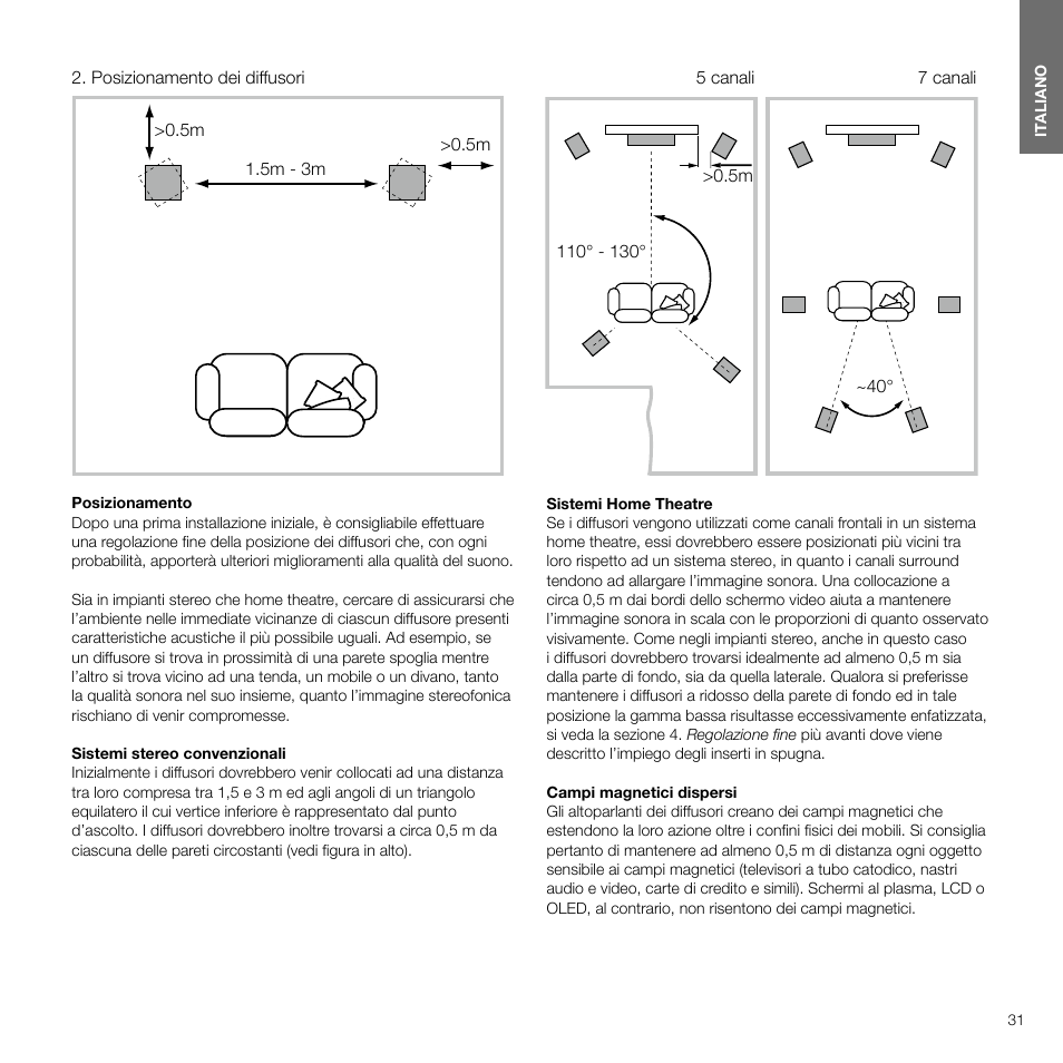 Posizionamento dei diffusori, Contents italiano 4 | Bowers & Wilkins 607 Anniversary Edition 2-Way Bookshelf Speakers (Matte White, Pair) User Manual | Page 31 / 90