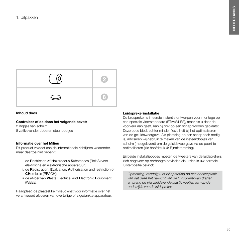 Uitpakken, Nederlands contents nederlands 4 | Bowers & Wilkins 607 Anniversary Edition 2-Way Bookshelf Speakers (Matte White, Pair) User Manual | Page 35 / 90