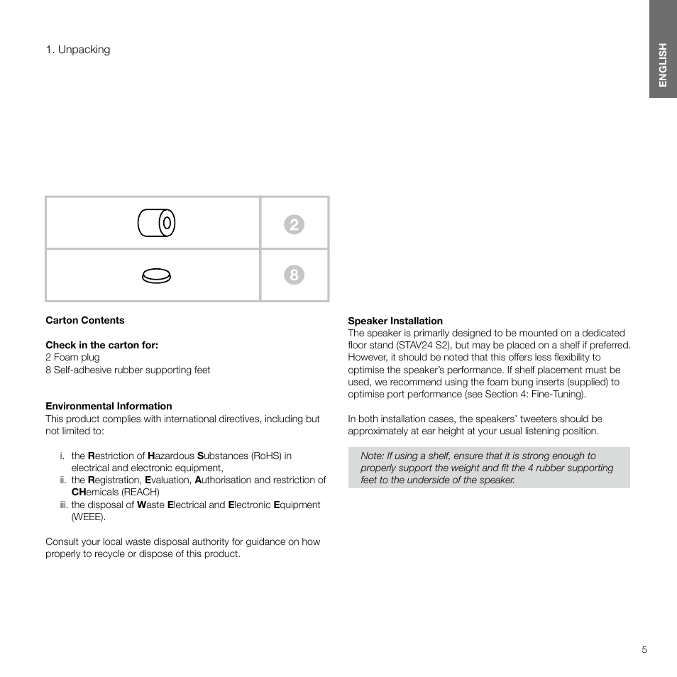 Unpacking, Contents english 4 | Bowers & Wilkins 607 Anniversary Edition 2-Way Bookshelf Speakers (Matte White, Pair) User Manual | Page 5 / 90