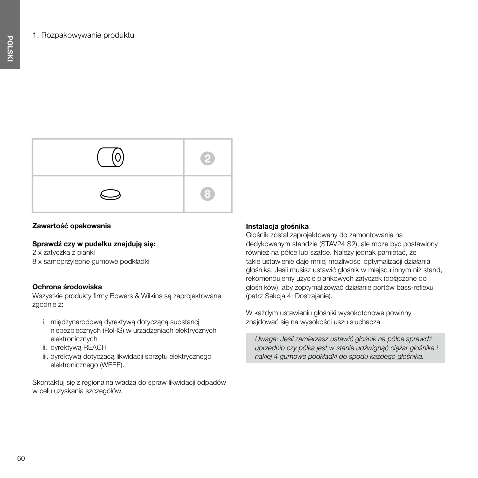 Rozpakowywanie produktu, Polski | Bowers & Wilkins 607 Anniversary Edition 2-Way Bookshelf Speakers (Matte White, Pair) User Manual | Page 60 / 90