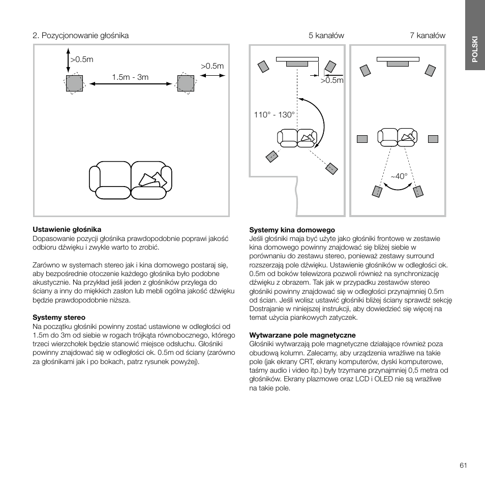 Pozycjonowanie głośnika, Contents polski 4 | Bowers & Wilkins 607 Anniversary Edition 2-Way Bookshelf Speakers (Matte White, Pair) User Manual | Page 61 / 90