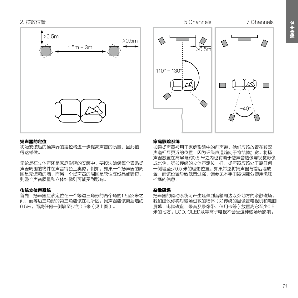 摆放位置, Contents 简体中文 4 | Bowers & Wilkins 607 Anniversary Edition 2-Way Bookshelf Speakers (Matte White, Pair) User Manual | Page 71 / 90