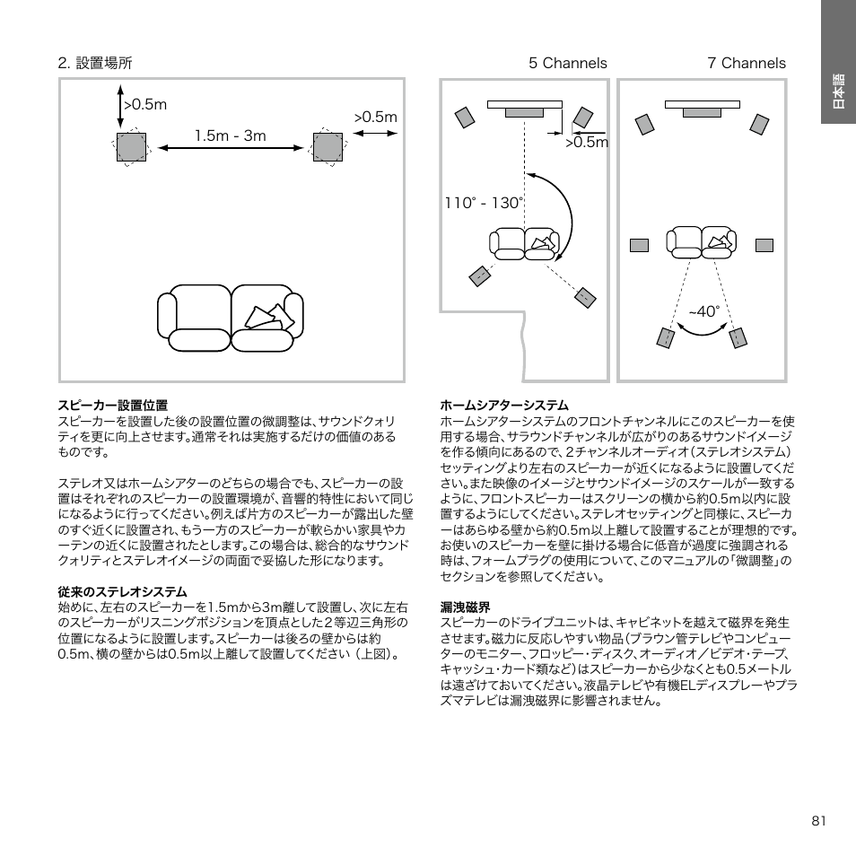 設置場所, Contents 日本語 4 | Bowers & Wilkins 607 Anniversary Edition 2-Way Bookshelf Speakers (Matte White, Pair) User Manual | Page 81 / 90