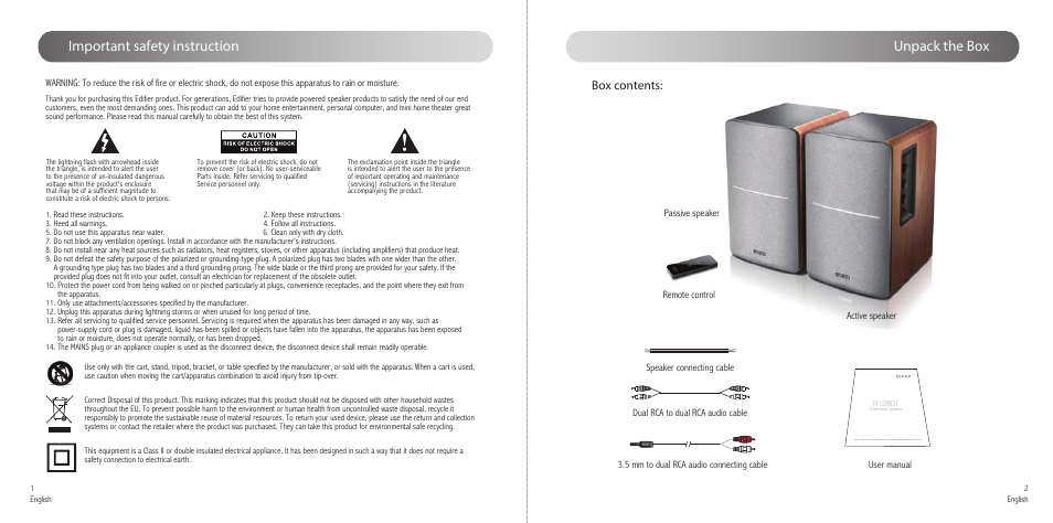 Unpack the box important safety instruction, Box contents | Edifier R1280T 2-Way Powered Bookshelf Speakers (Wood, Pair) User Manual | Page 2 / 5