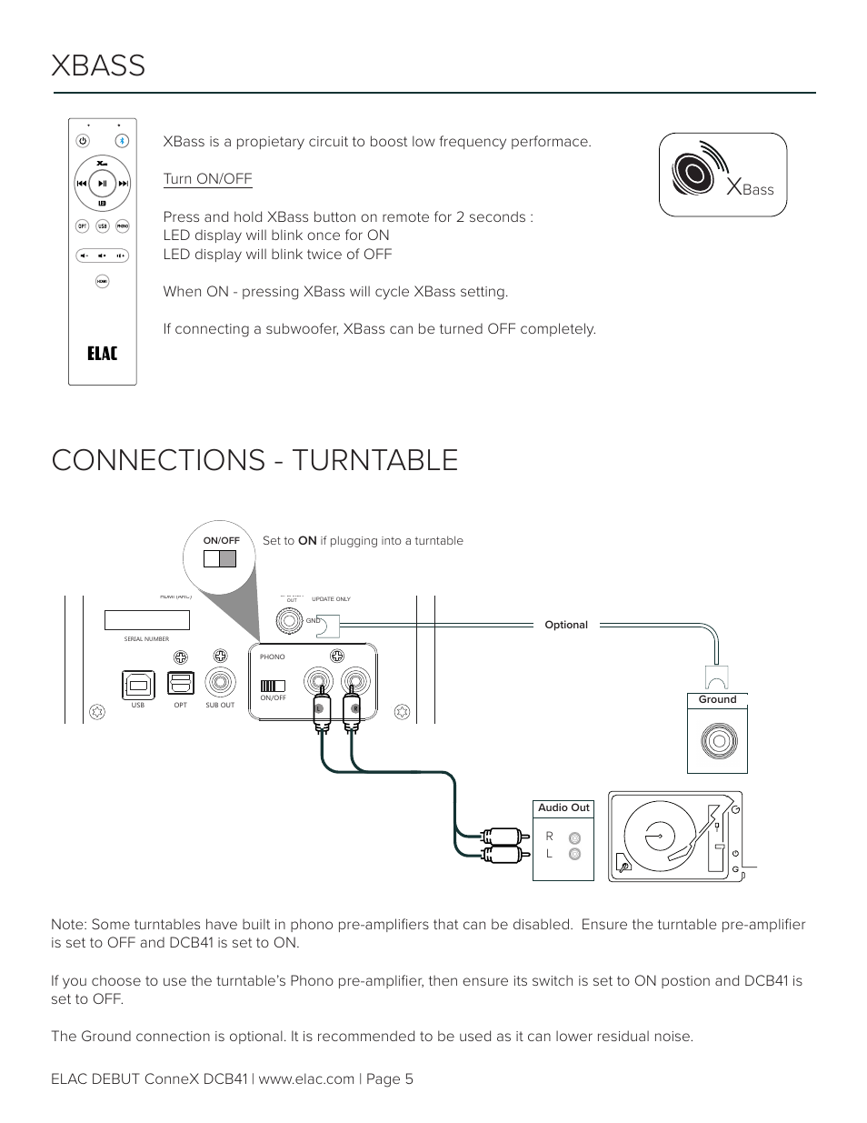 Connections - turntable, Xbass, Bass | Elac Debut ConneX DCB41 Two-Way Active Bookshelf Speakers (Royal Blue, Pair) User Manual | Page 5 / 10
