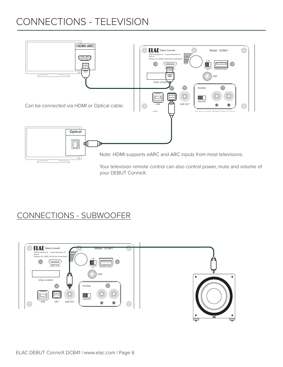 Connections - television, Connections - subwoofer, Hdmi-arc optical | Elac Debut ConneX DCB41 Two-Way Active Bookshelf Speakers (Royal Blue, Pair) User Manual | Page 6 / 10