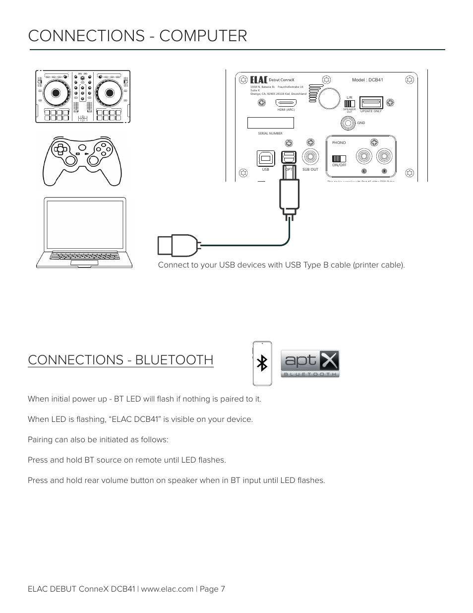 Connections - computer, Connections - bluetooth | Elac Debut ConneX DCB41 Two-Way Active Bookshelf Speakers (Royal Blue, Pair) User Manual | Page 7 / 10