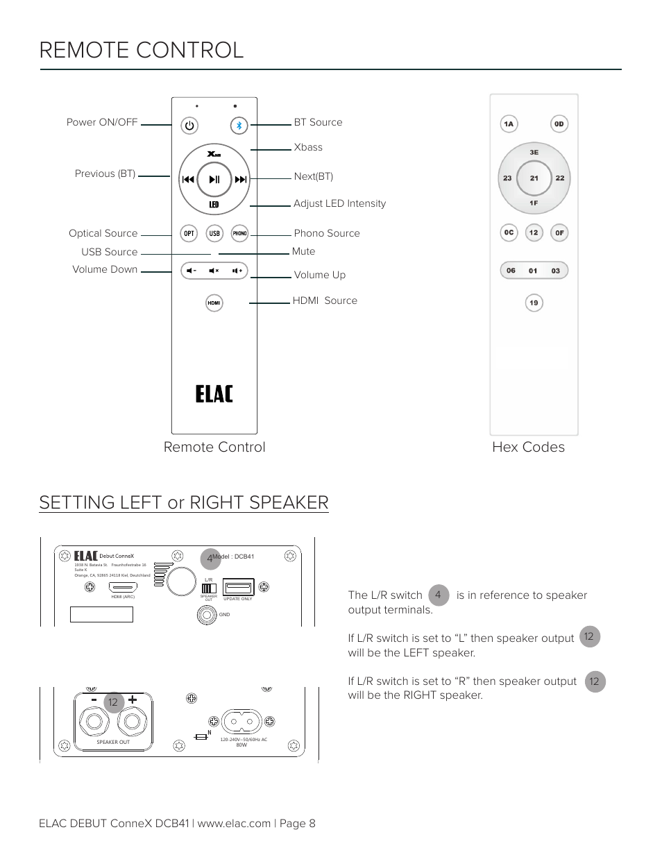 Remote control, Setting left or right speaker, Hex codes remote control | Elac Debut ConneX DCB41 Two-Way Active Bookshelf Speakers (Royal Blue, Pair) User Manual | Page 8 / 10