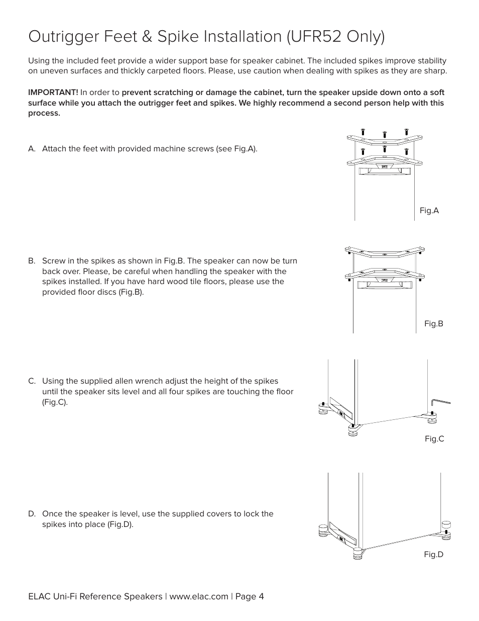Outrigger feet & spike installation (ufr52 only) | Elac Uni-Fi Reference UBR62 3-Way Bookshelf Speakers (Satin Black with Walnut Sides, Pair) User Manual | Page 5 / 12