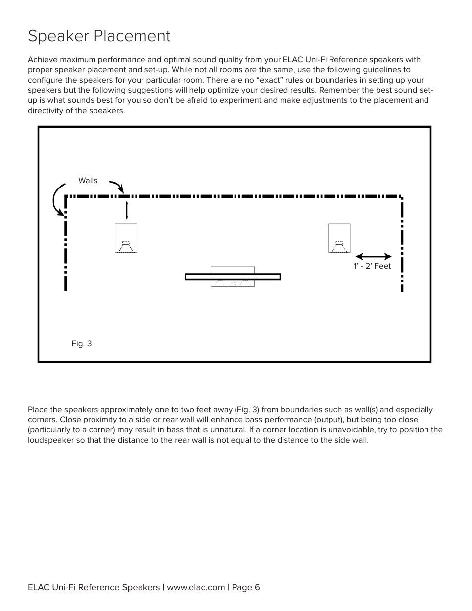 Speaker placement | Elac Uni-Fi Reference UBR62 3-Way Bookshelf Speakers (Satin Black with Walnut Sides, Pair) User Manual | Page 7 / 12