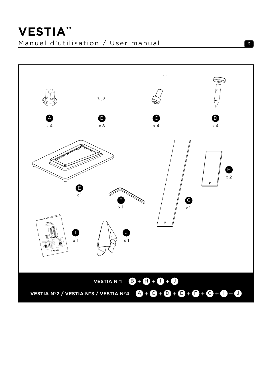 Vestia, Ah b, Ij vestia n°2 / vestia n°3 / vestia n°4 | Bh i j vestia n°1, X 4 x 8 x 2 | Focal Vestia N°1 2-Way Bookshelf Speaker (Light Wood, Pair) User Manual | Page 3 / 63