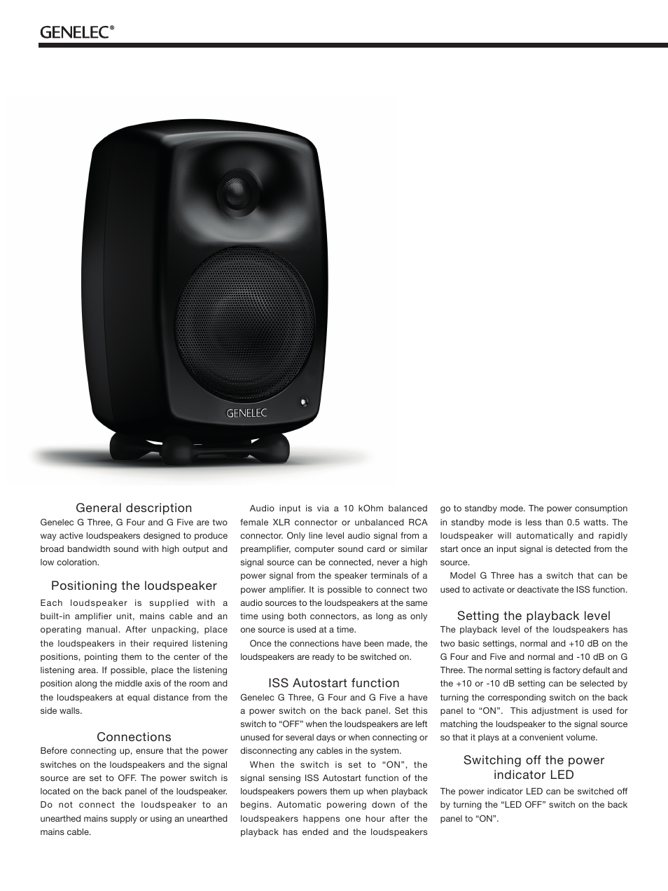 General description, Positioning the loudspeaker, Connections | Iss autostart function, Setting the playback level, Switching off the power indicator led | Genelec G Three 2-Way Powered Bookshelf Speaker (Black, Single) User Manual | Page 2 / 12