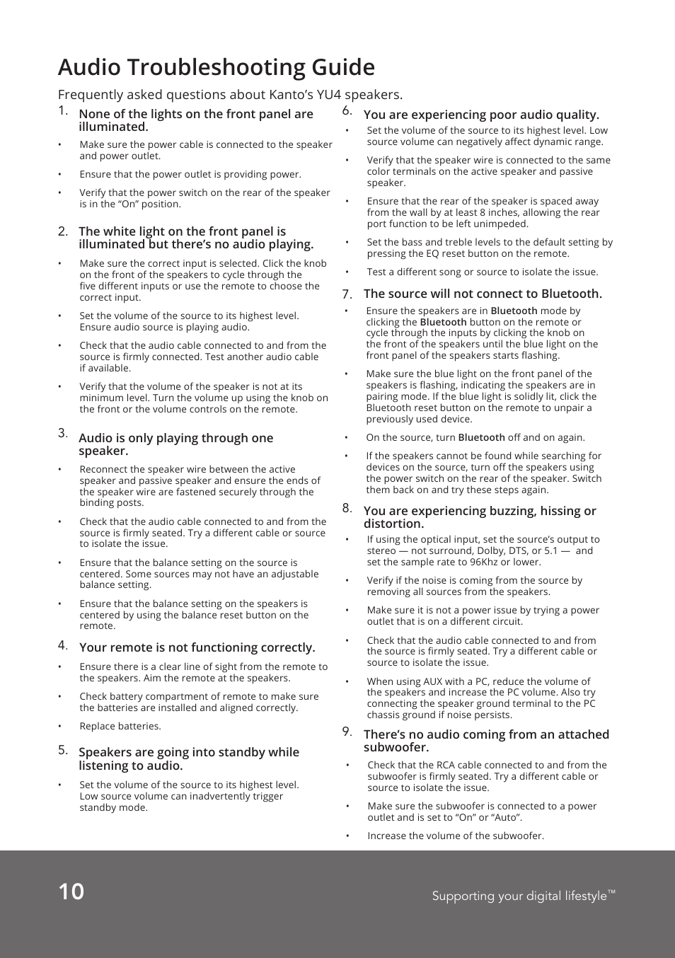 Audio troubleshooting guide | Kanto Living YUP4 2-Way Bookshelf Speakers (Matte White, Pair) User Manual | Page 10 / 12