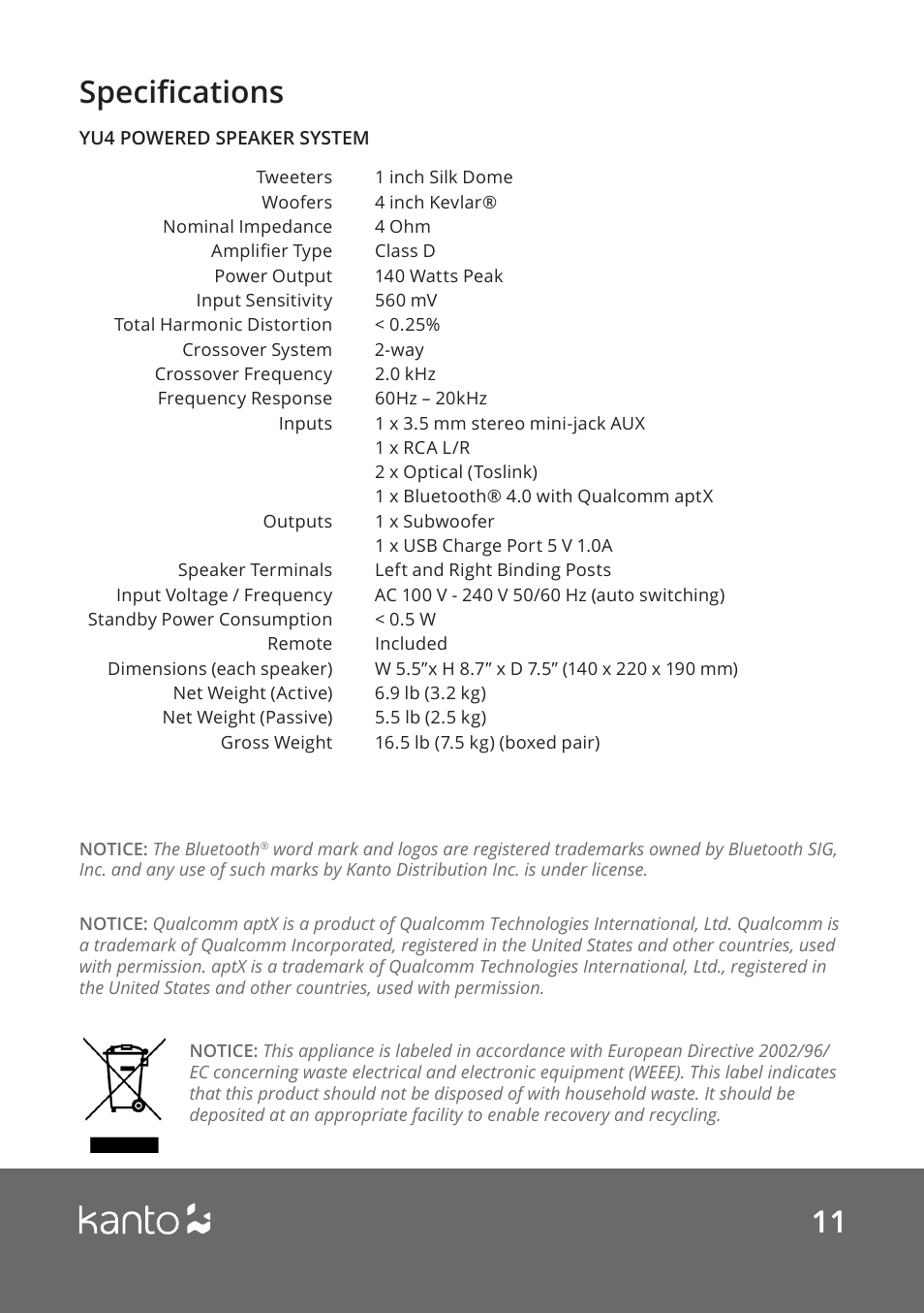 11 specifications | Kanto Living YUP4 2-Way Bookshelf Speakers (Matte White, Pair) User Manual | Page 11 / 12